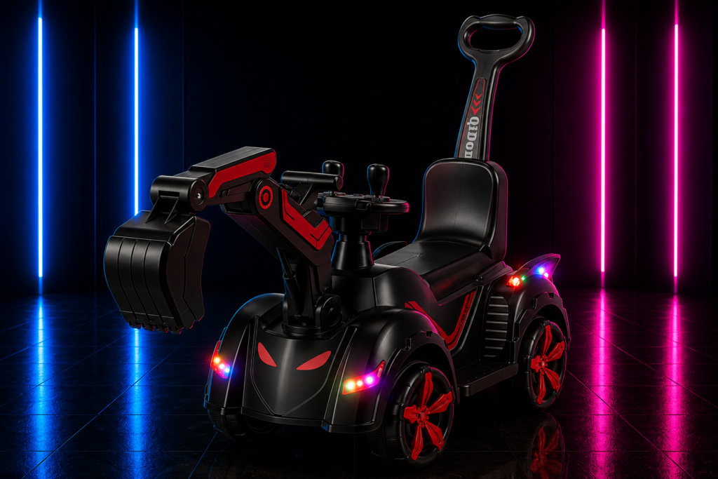 RETROESCAVADEIRA ELÉTRICA FUTURISTA COM EMPURRADOR VERMELHA