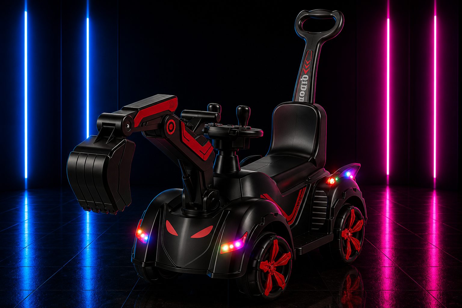RETROESCAVADEIRA ELÉTRICA FUTURISTA COM EMPURRADOR VERMELHA